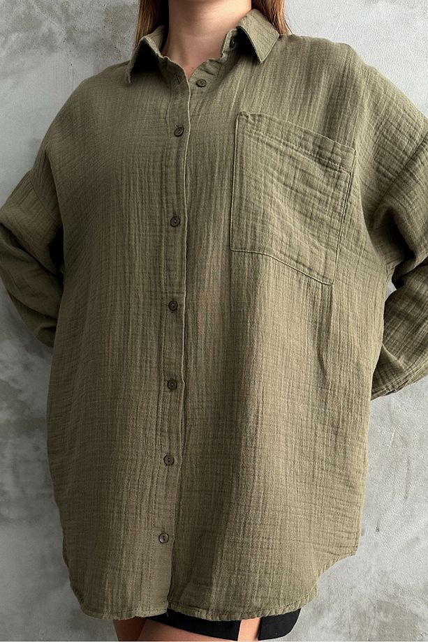 Kadın Haki Oversize Basic Pamuk Gömlek - 5