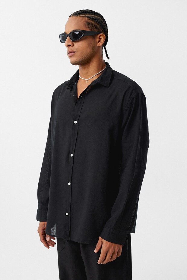 Basic Oversize Pamuk Keten Gömlek Siyah - 5