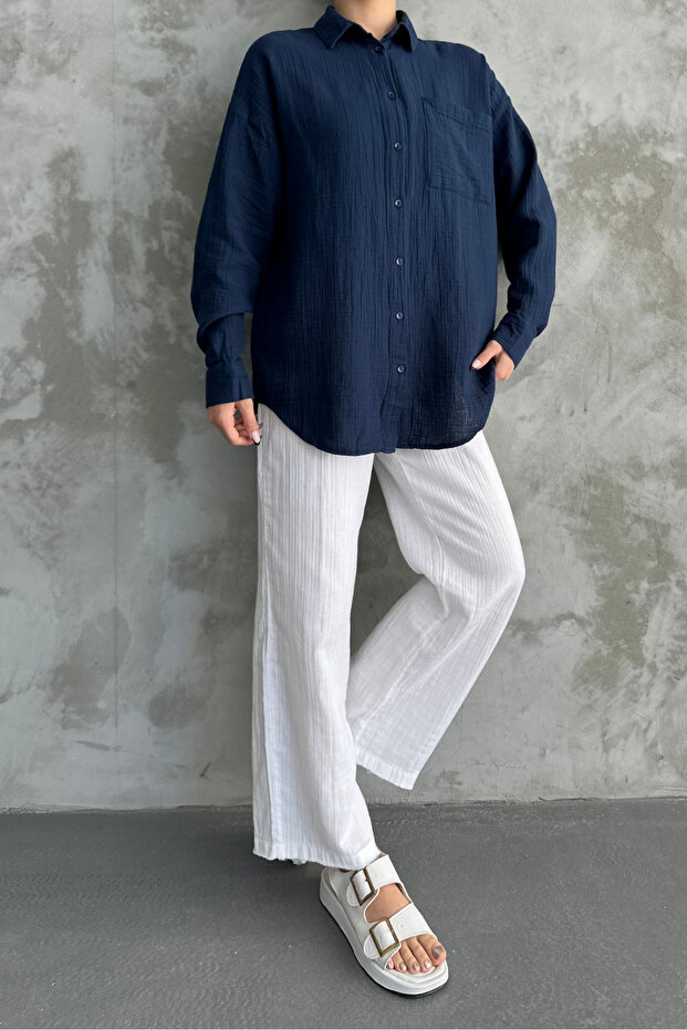 Kadın Lacivert Oversize Basic Pamuk Gömlek - 6