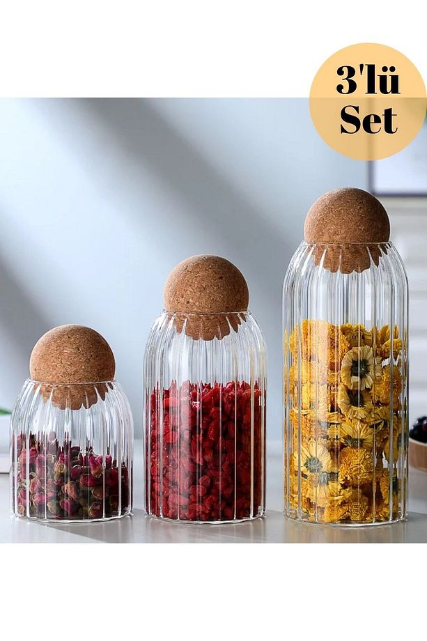 Cam Kavanoz Mantar Top Kapaklı Kavanoz 3lü Set - 1