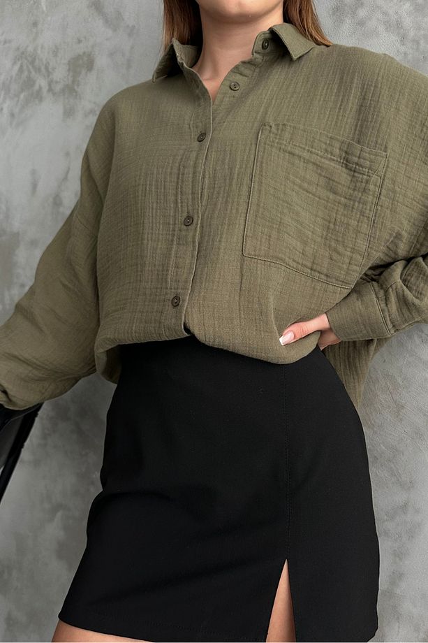 Kadın Haki Oversize Basic Pamuk Gömlek - 4