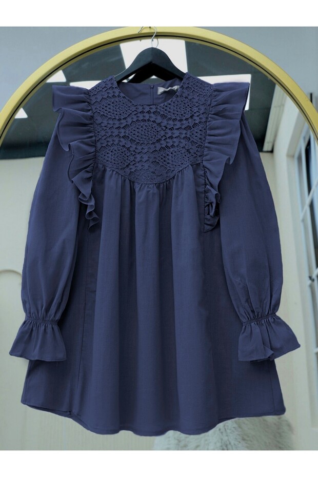 Shoulder Ruffled Robe Lace Embroidered Poplin Tunic -Laci