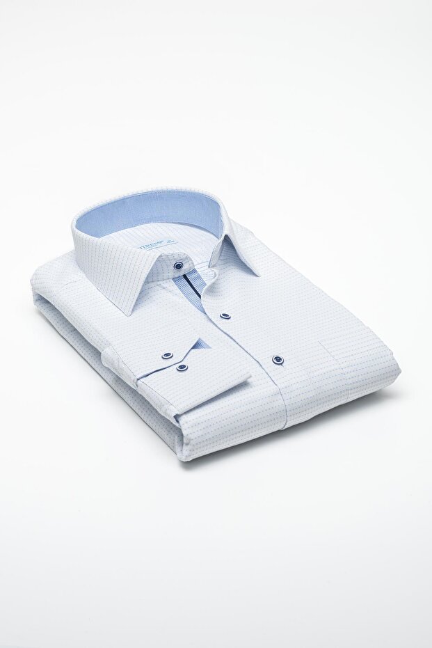 قميص رجالي كلاسيكي بأكمام طويلة ونقشة منقطة مع علبة هدايا FS-001259 - أبيض وأزرق فاتح