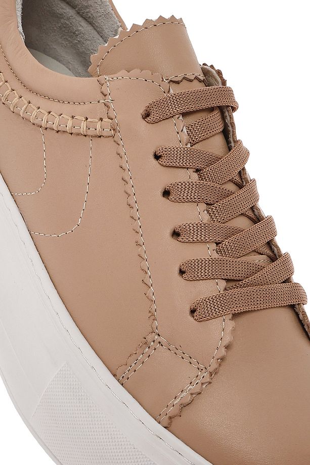 Kadın Bej Bağcıklı Kalın Tabanlı Deri Sneaker 25SFD371318 - 8