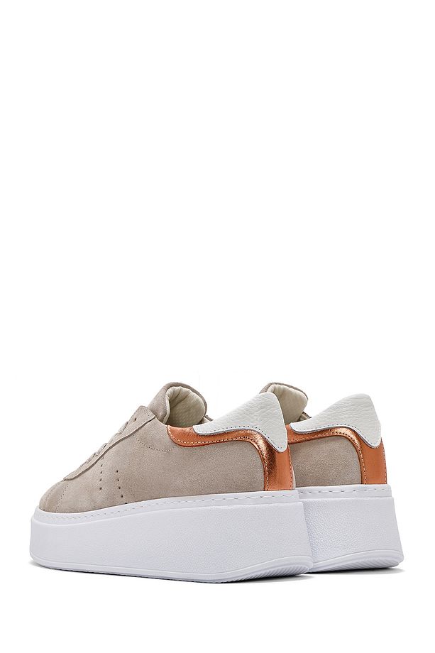 Kadın Bej Bağcıklı Kalın Tabanlı Süet Deri Sneaker 25SFD371510 - 5
