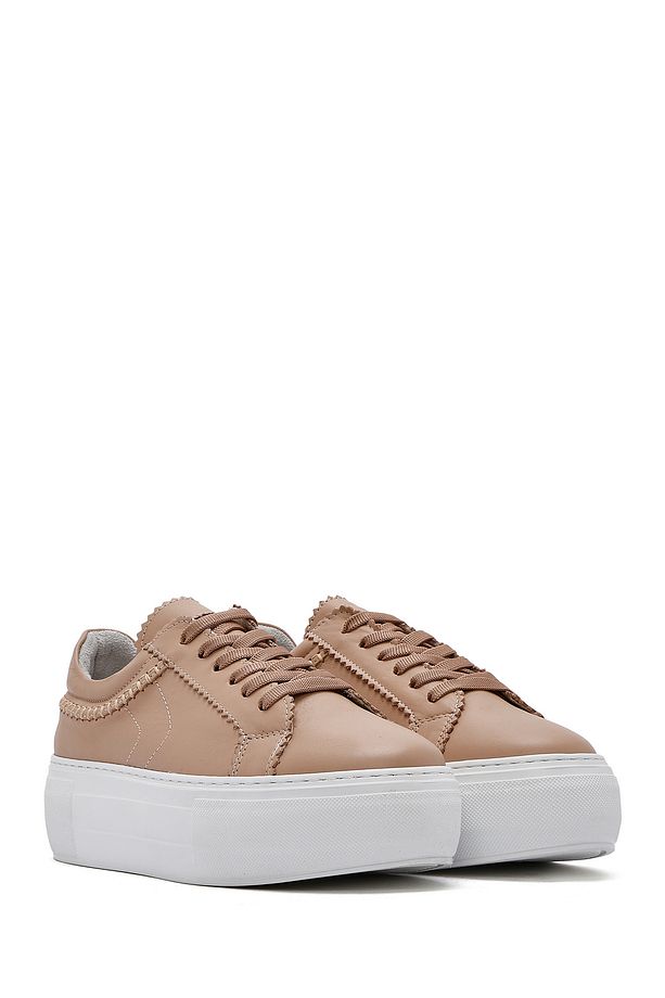 Kadın Bej Bağcıklı Kalın Tabanlı Deri Sneaker 25SFD371318 - 3
