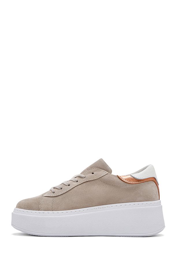 Kadın Bej Bağcıklı Kalın Tabanlı Süet Deri Sneaker 25SFD371510 - 2