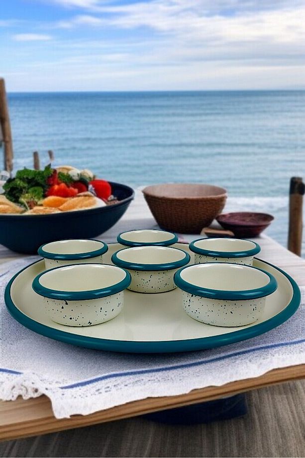 7 Parça Orta Boy Emaye Kahvaltı Seti, Sunum, Kahvaltı Tabağı, Reçellik, Zeytin, Peynir Tabağı, - 3