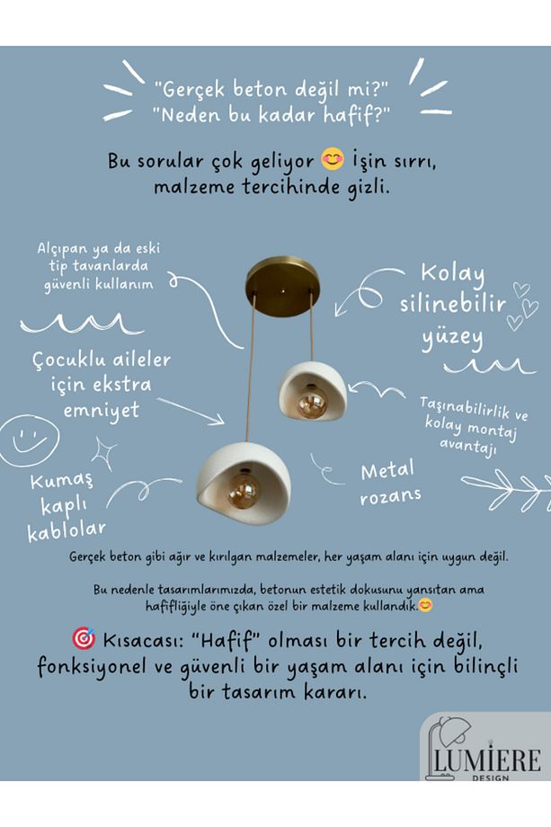 Beton Görünümlü İskandinav & Bohem Tarz 2’li Sarkıt Avize-Profesyonel Tasarım,Gün Işığı Ampul İçerir - 5