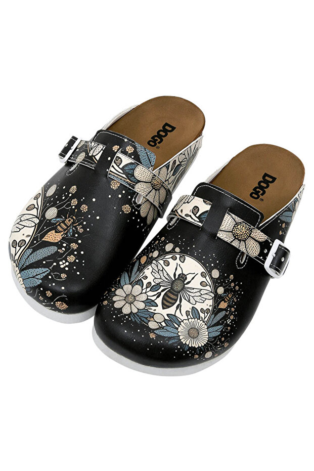 Women's Vegan Leather Black Slippers - Bee with Flowers Design