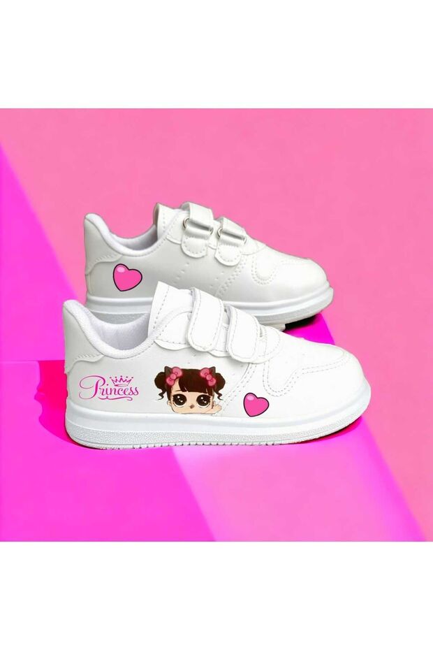 Animated Character Printed Girls' and Boys' Sports Shoes with Velcro Fasteners and White Sneaker Bands