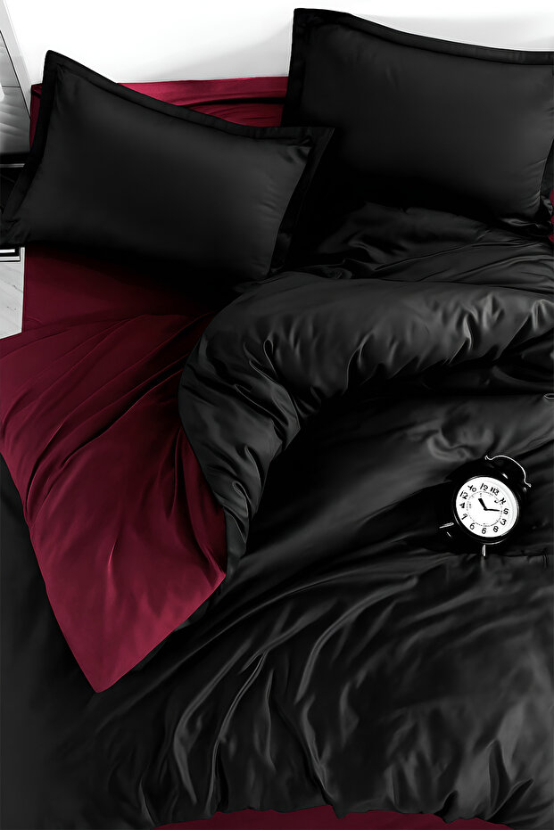 Fitted Sheet Duvet Cover Set Single Burgundy - Black