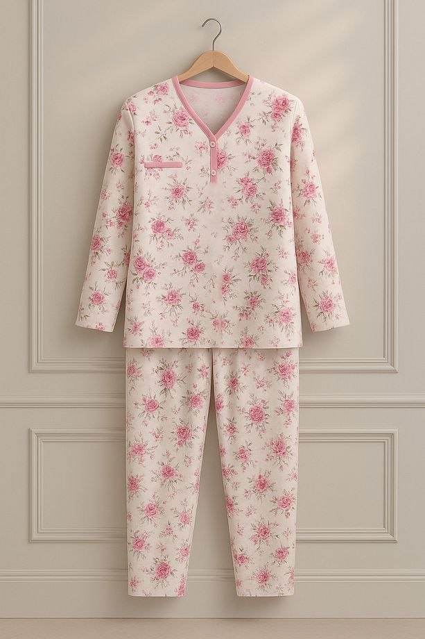 Kadın Anne Uzun Kollu Pembe Çiçek Desenli Penye Pijama Takımı - 3