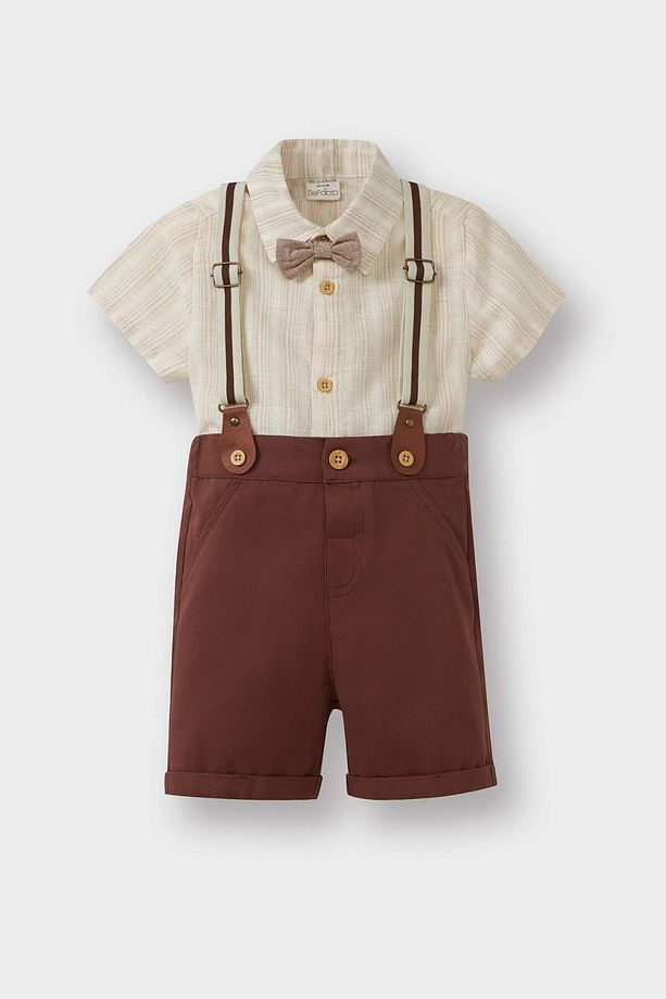 Erkek Bebek 4'lü Takım Çizgili Poplin Gömlek Şort Papyon Pantolon Askısı B8082a525sm - 1
