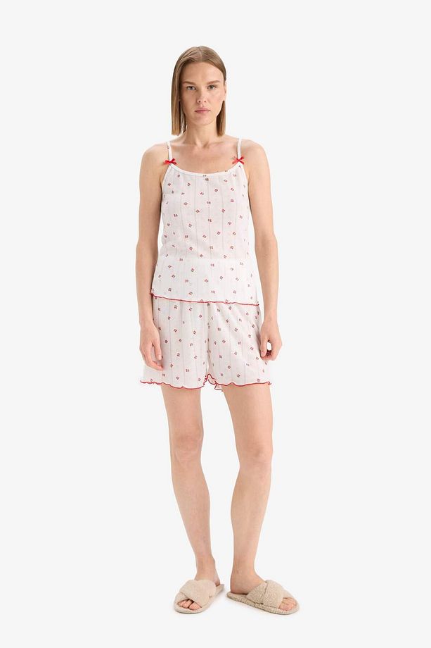 Regular Fit Pijama Takımı Desenli Askılı Pijama Üstü Esnek Belli Şort Pijama Altı-Fall in Love F5774 - 1
