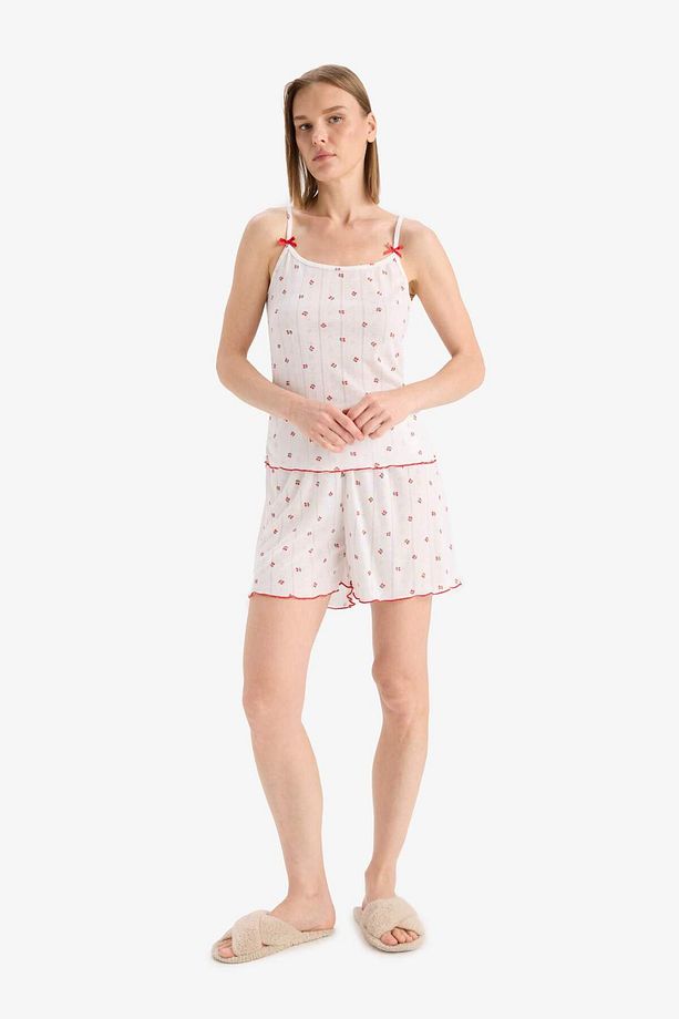 Regular Fit Pijama Takımı Desenli Askılı Pijama Üstü Esnek Belli Şort Pijama Altı-Fall in Love F5774 - 2