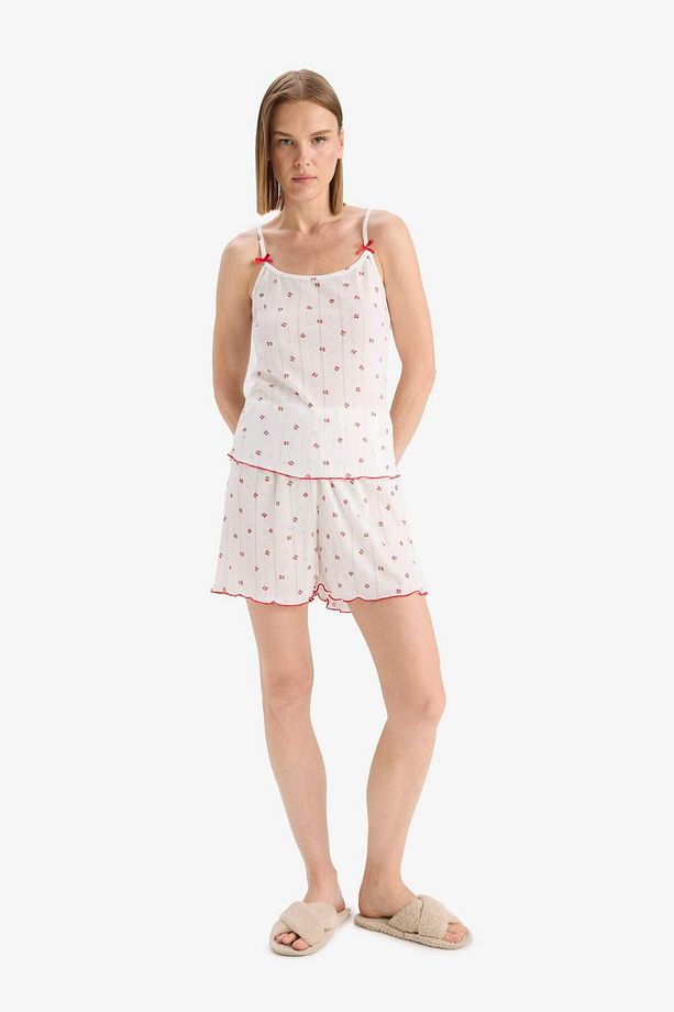 Regular Fit Pijama Takımı Desenli Askılı Pijama Üstü Esnek Belli Şort Pijama Altı-Fall in Love F5774 - 3