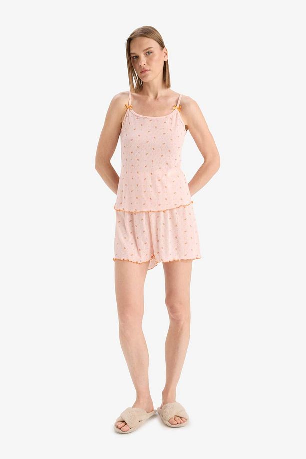Regular Fit Pijama Takımı Desenli Askılı Pijama Üstü Esnek Belli Şort Pijama Altı-Fall in Love F5774 - 2
