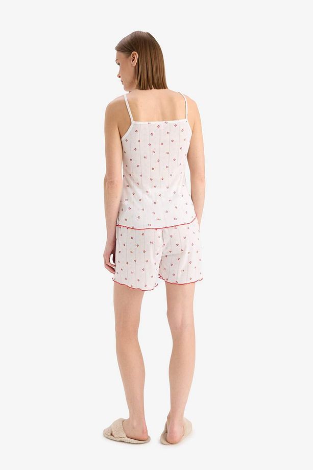 Regular Fit Pijama Takımı Desenli Askılı Pijama Üstü Esnek Belli Şort Pijama Altı-Fall in Love F5774 - 8