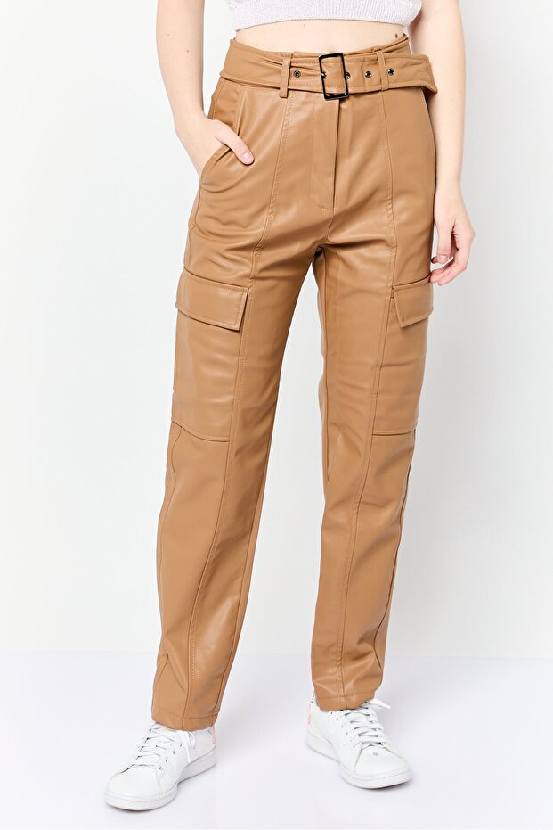 Women Regular Fit Plain Belted Faux Leather Cargo Pants, Tan