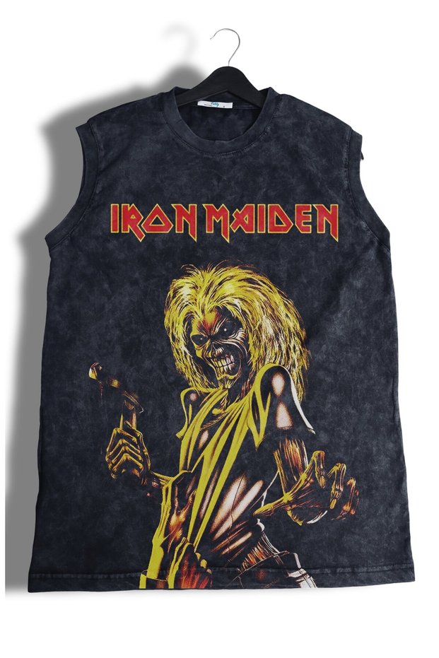 Iron Maiden Printed Washed Sleeveless T-Shirt, Unisex Rock Band Themed Zero Sleeve Vintage Singlet