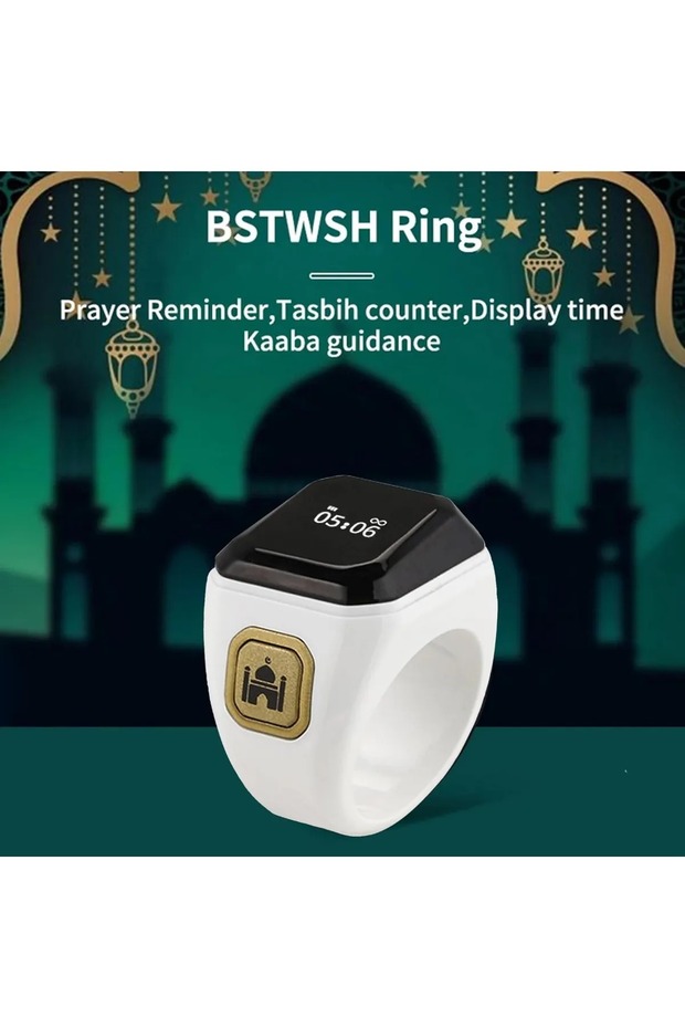 خاتم ذكر ذكي مع خاصية تذكير بالاهتزاز وعداد تسبيح واتصال بلوتوث (أبيض) (22 مم)
