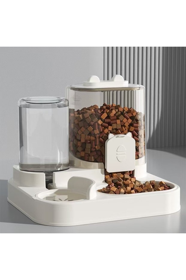 2L L WHITE Automatic Feeder Dog Cat Food Bowl With Water Fountain Large Capacity Pet Food Storage Di