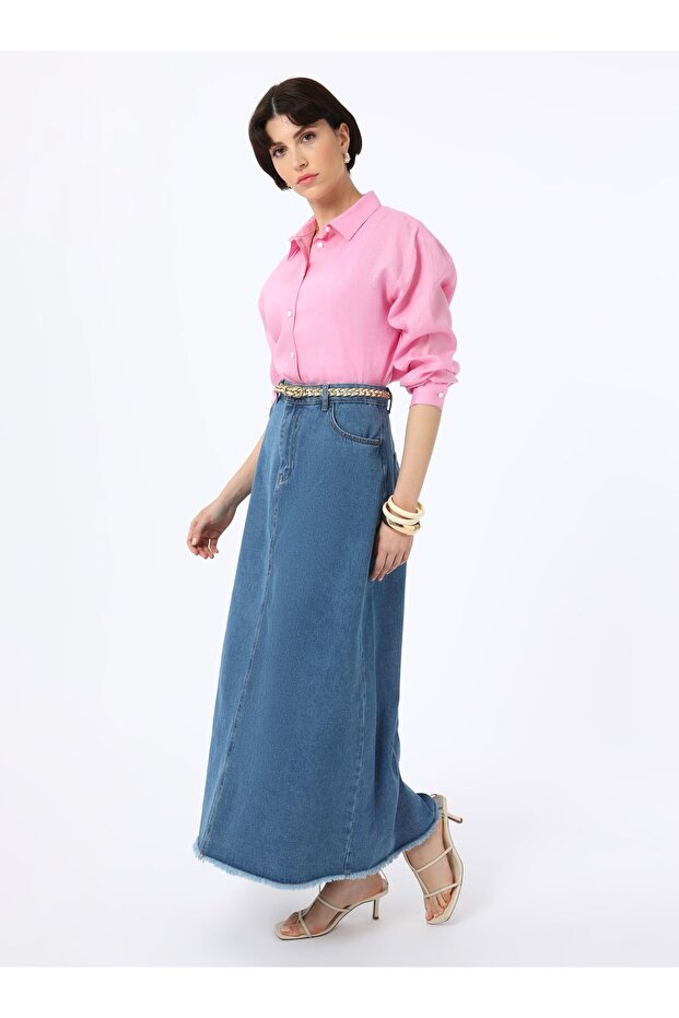 Etekucu Tassel Detailed Denim Skirt with Pockets - Blue -