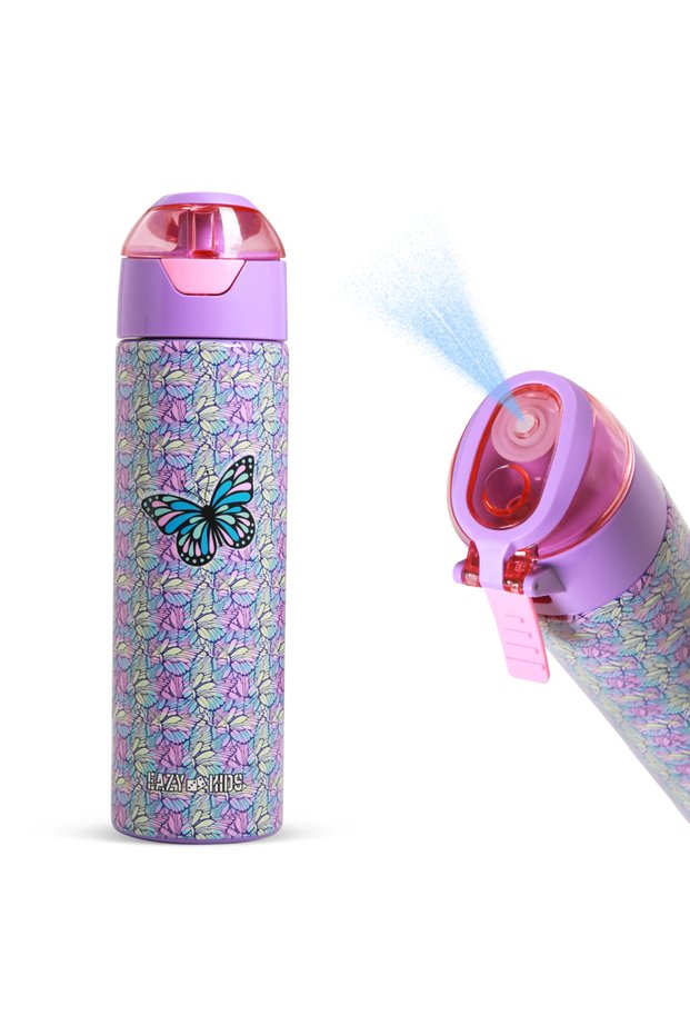 Insulated Stainless Steel Water Bottle w/ Spray - Butterfly, 640ml Purple