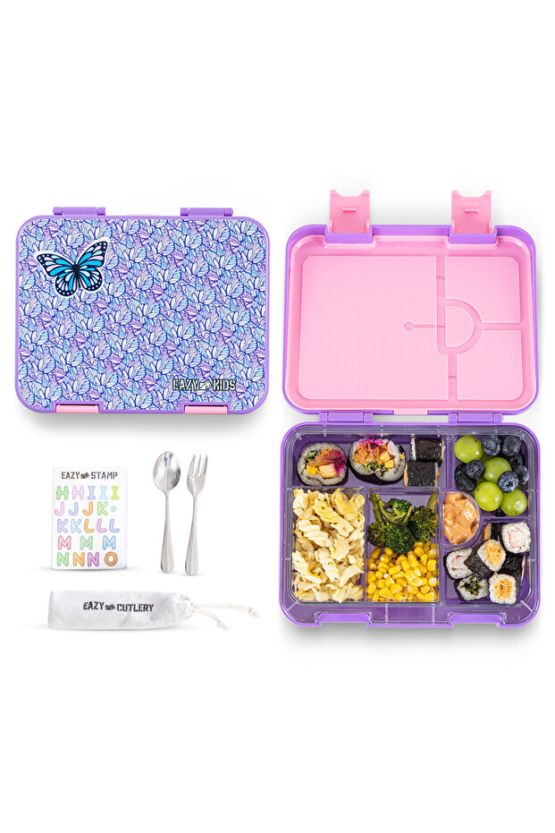 6 and 4 Convertible Bento Lunch Box w/ Steel Spoon and Fork Set and Alphabets Sticker - Butterfly