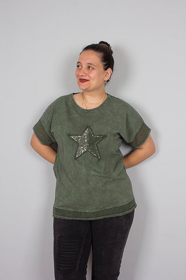 Plus Size Star Sequin Embroidered Washable Khaki Cotton Blouse – Sparkling and Comfortable Design