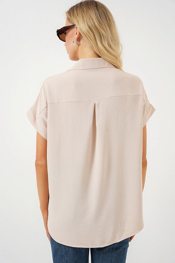 Kadın Oversize Kısa Kol Gömlek 20322 - Krem - 6
