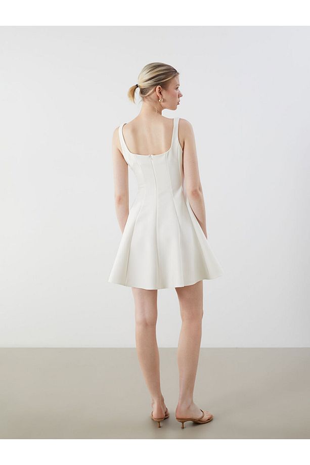 Sari Kare Yaka Peplum Mini Elbise - 4