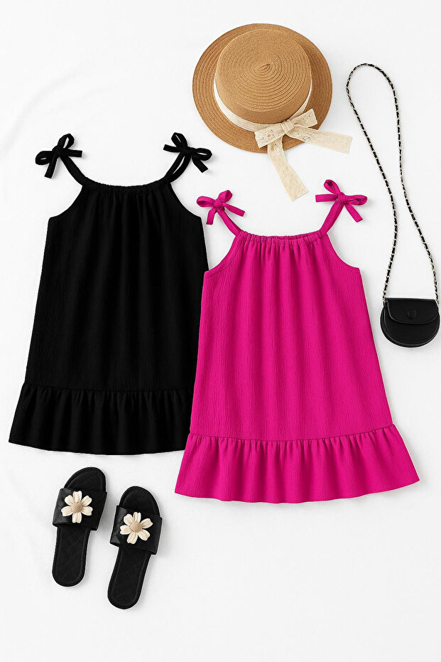 Relaxed Cut Ruffled Rope Strap Woven Fabric 2-Piece Children's Dress
