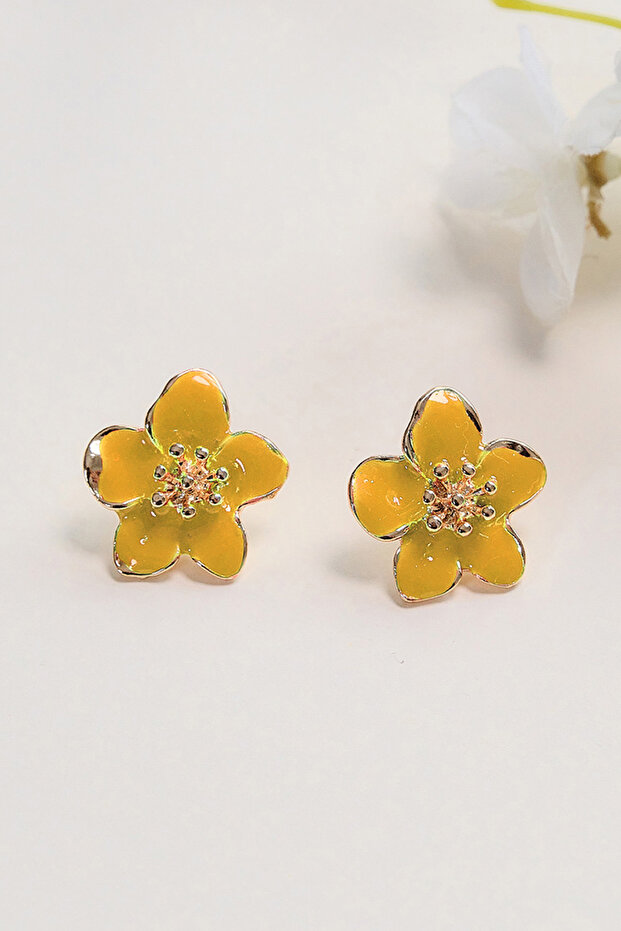 Altın Kaplama Sarı Sakura Çiçeği Küpe - 1