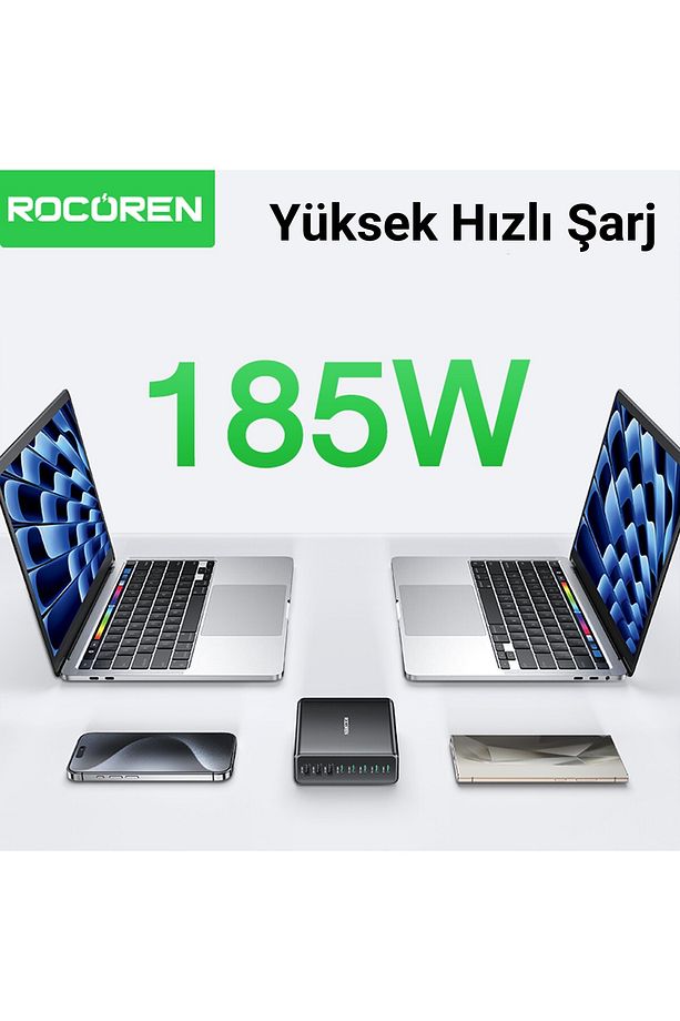 185w 8 Portlu Gan Şarj Cihazı 5*type-c 3*usb-a Notebook Iphone Samsung Uyumlu Şarj Istasyonu - 3