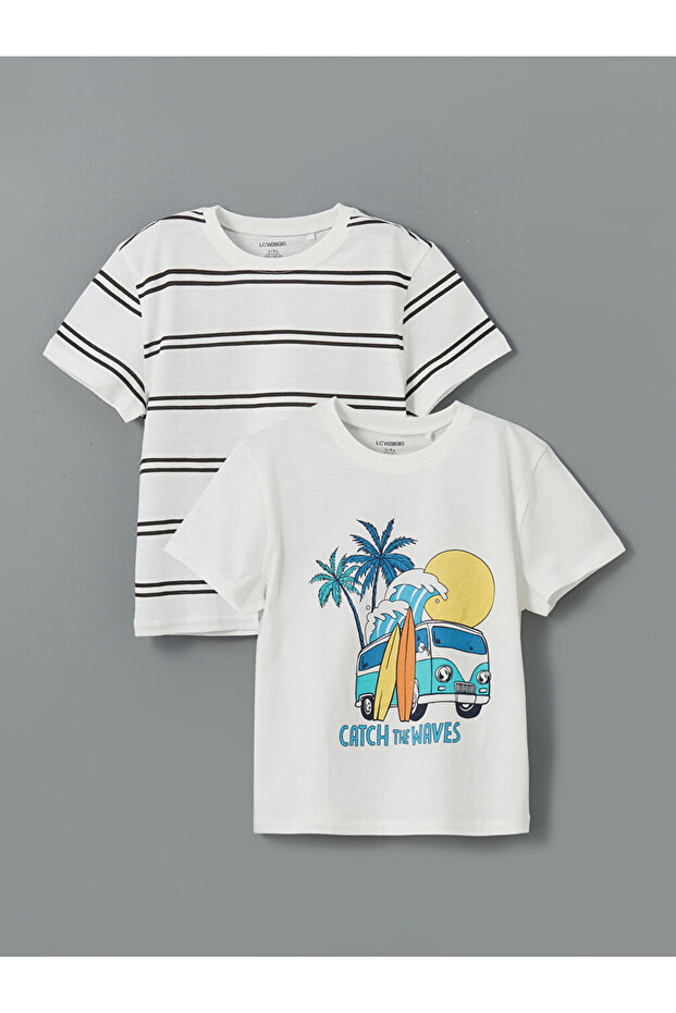 White Crew Neck Striped Boy's T-Shirt, Pack of 2