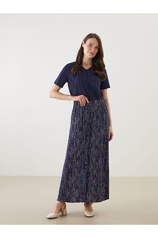 Lcw Grace Indigo Women's Elastic Waist Patterned Skirt