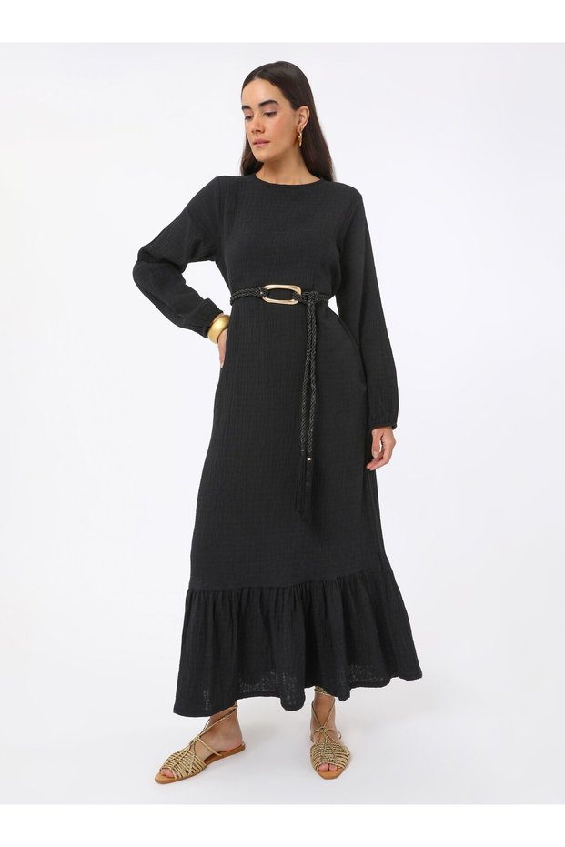 Cotton Muslin Hijab Dress with Flywheel Detail - Black - Benin