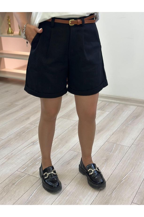 Kemerli Gabrdin Kumaş Şehir Boy Şort SİYAH - 6