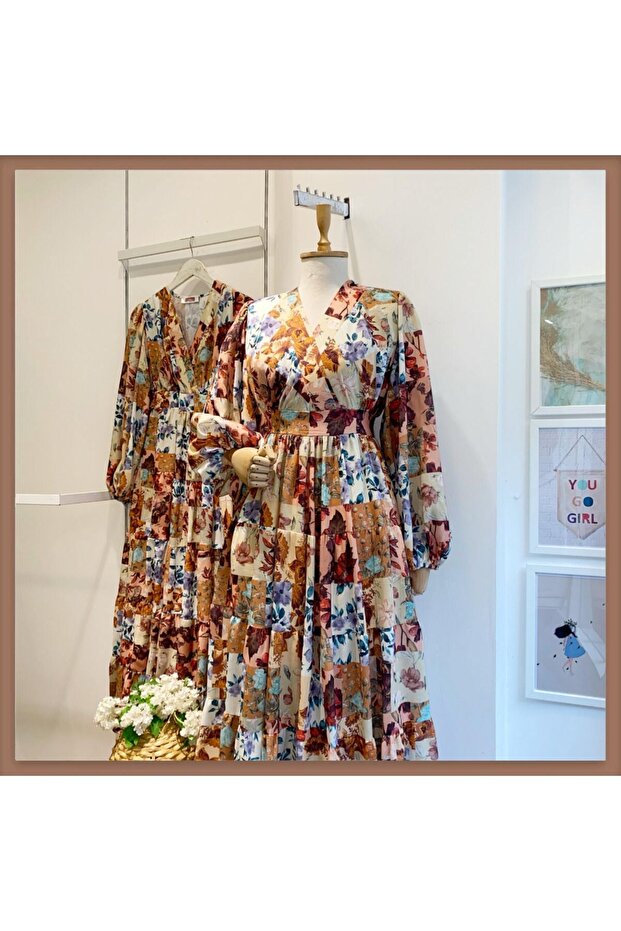 Vintage Patchwork Desenli Çiçekli Maxi Elbise