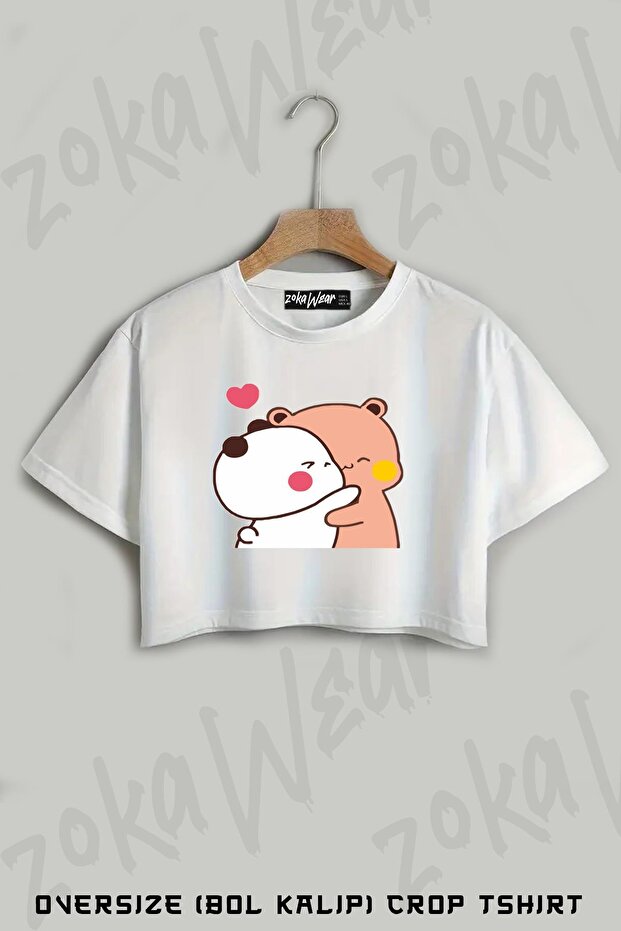Bubu Dudu,Cute Couple Cartoon Printed Oversize Crop T-Shirt