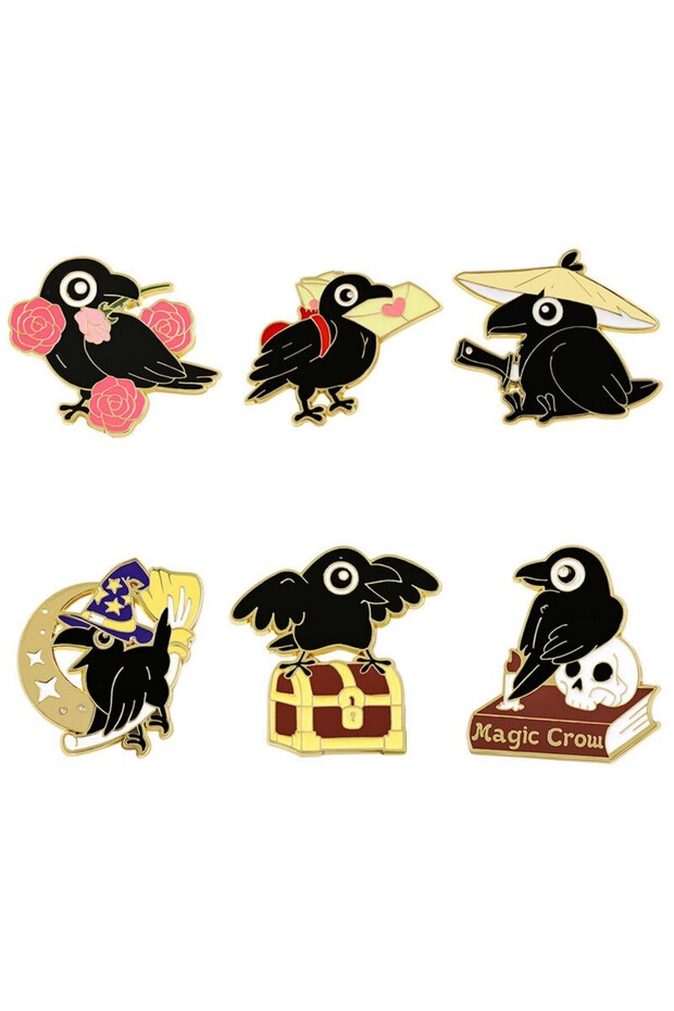 6pcs 6pcs Cute Cartoon Black Crow Enamel Brooch Creative Animal Bird Adorkable Lapel Pin Badge Backp