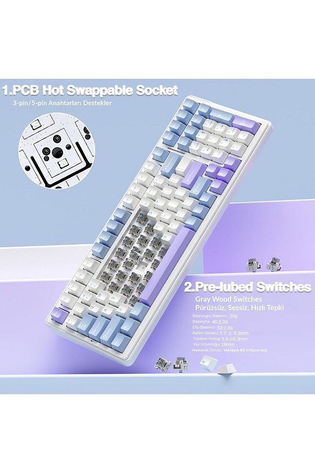 F99 Mekanik Rgb Hot Swap Graywood V4 Switch 3 Modlu Kablosuz Makrolu Türkçe Q Klavye Mavi - 6