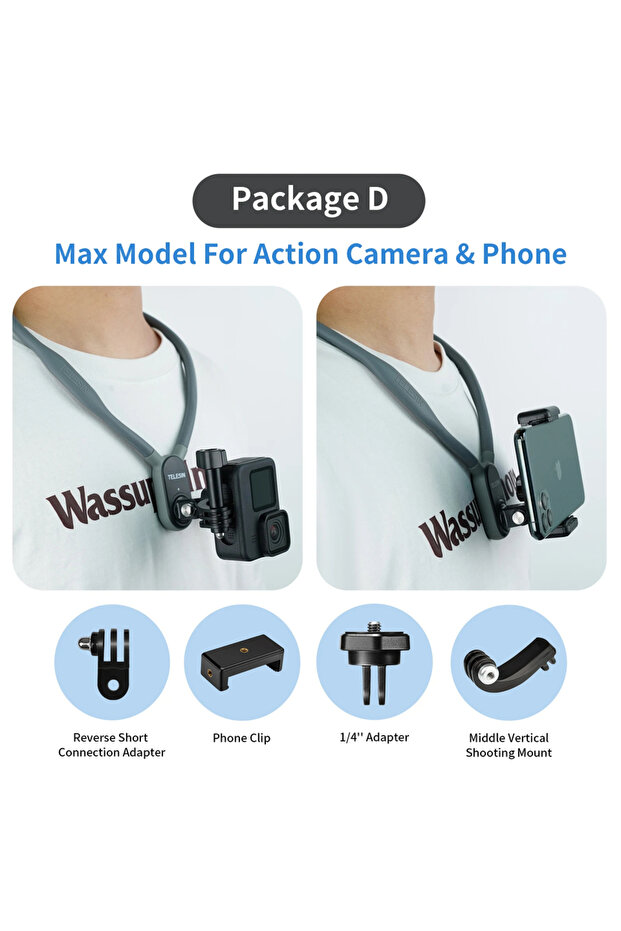Max Set D TELESIN Silicone Neck Hold Mount for GoPro Hero 13 12 11 10 9 8 Insta360 DJI Osmo Action S