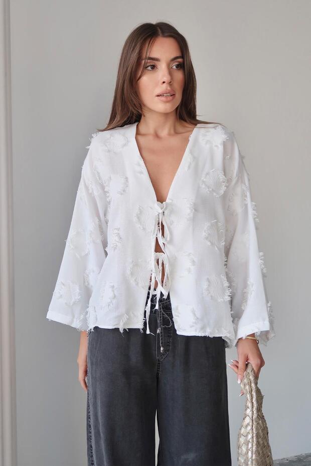 Lace Closure Tassel Patterned Shirt White 9360