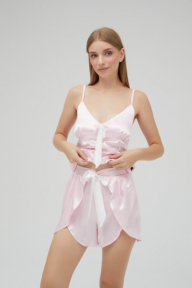 Lisanslı Baskılı Askılı Kısa Saten Şortlu Pembe Gecelik Pijama Takımı Roz-50TH10 - 4