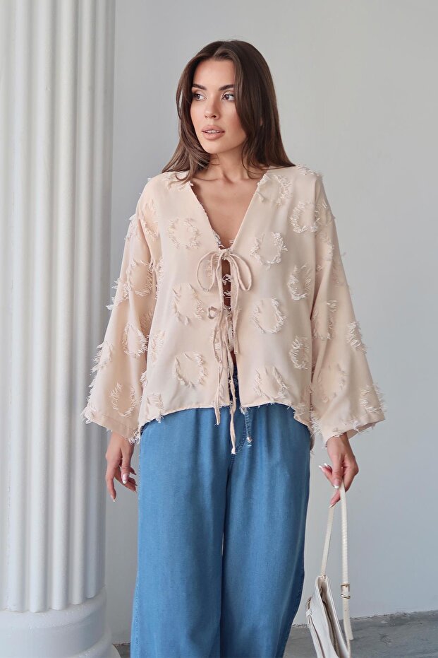 Lace Closure Tassel Patterned Shirt Beige 9360