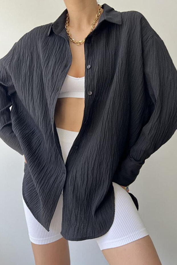 Cool Kadın Siyah Oversize Gömlek - 1