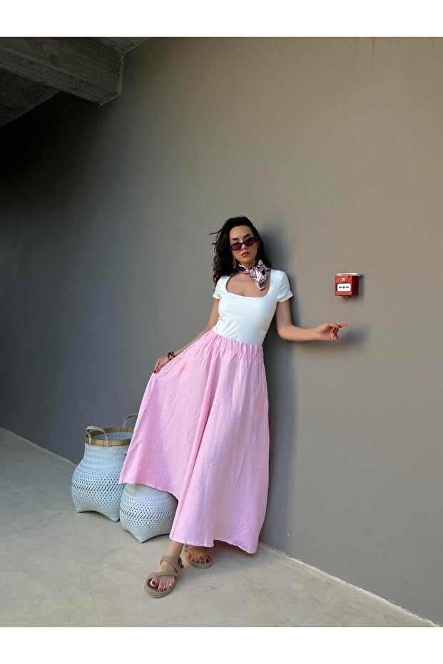 Women's Pink Muslin Fabric Long Pocket Skirt 29250